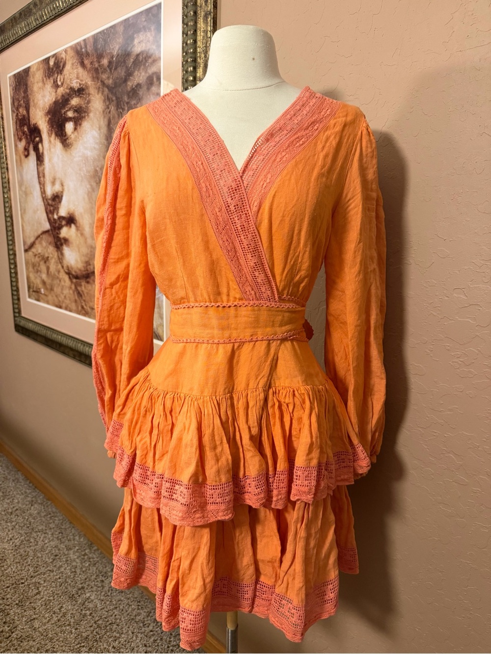 Boho Maia Bergman Women's Coral 100% Linen Tiered Lace-Trim Dress size Medium
